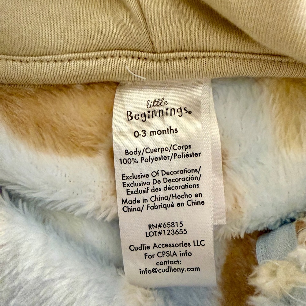 NWT Little Beginnings 0-3M Bear Fleece Pramsuit Hooded Winter Jumpsuit - Picture 4 of 7